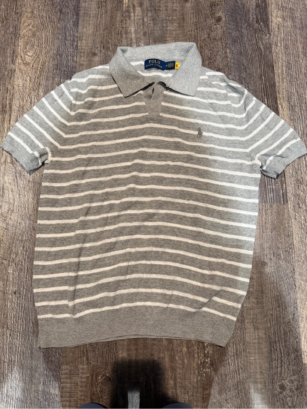 Polo by Ralph Lauren Gray & White Striped Short-Sleeve Polo Sweater